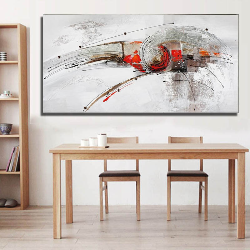 Modernist Whirling Painting Dining Room Canvas Wall Art in Red and White, Textured