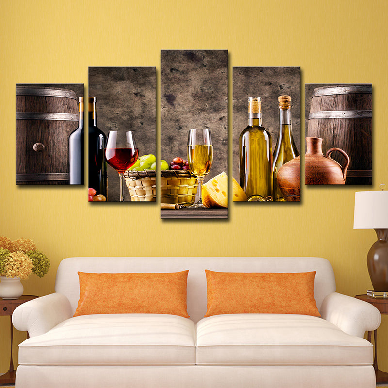 Grand Banquet Wall Art Decor Dining Room Wine and Fruit Canvas Print in Grey-Brown