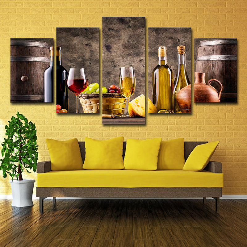 Grand Banquet Wall Art Decor Dining Room Wine and Fruit Canvas Print in Grey-Brown