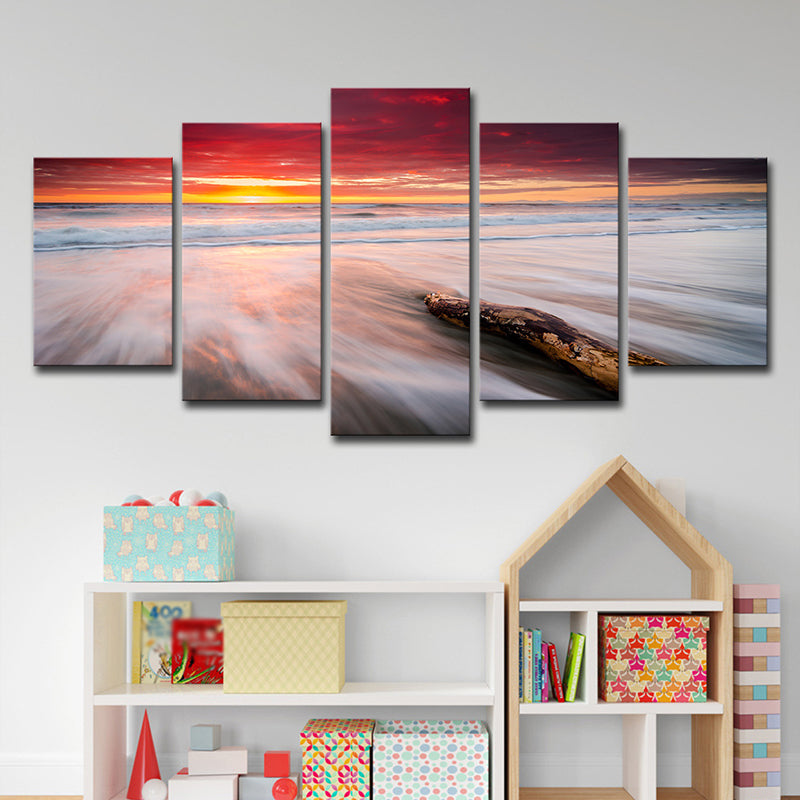 Nightfall Beach Scenery Wall Art Decor Modern Canvas Print in Red for Living Room