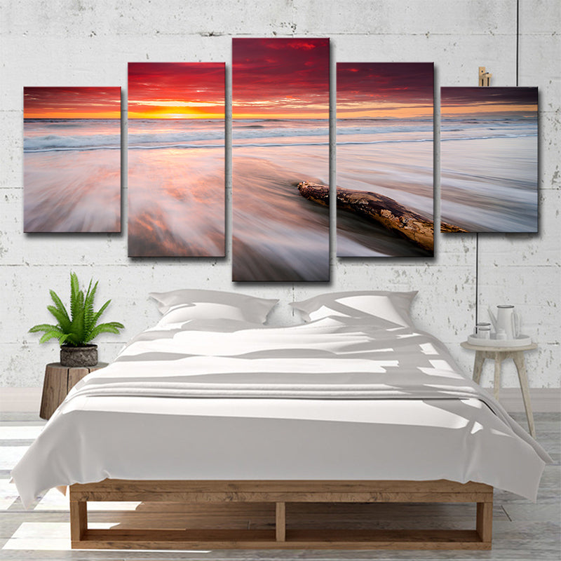 Nightfall Beach Scenery Wall Art Decor Modern Canvas Print in Red for Living Room