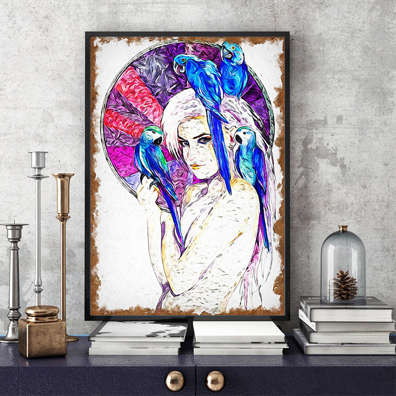Canvas Purple Art Print Contemporary Girl and Parrots Painting Wall Decor for Living Room