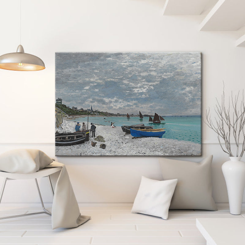 Tropical Seashore Stranded Boat Art Print Blue Seascape Painting Wall Decor for Home