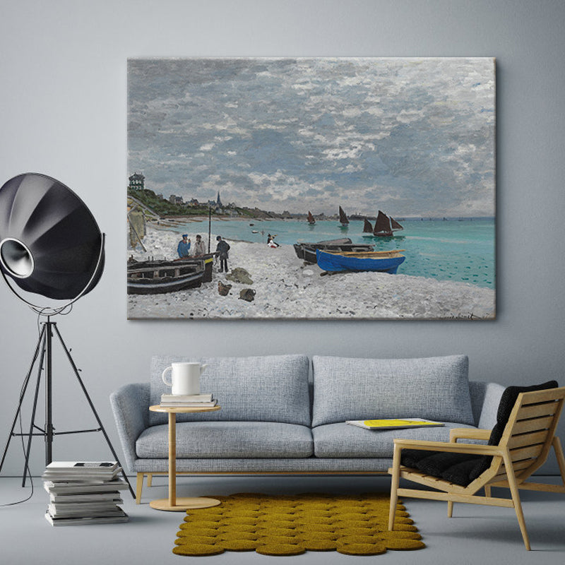 Tropical Seashore Stranded Boat Art Print Blue Seascape Painting Wall Decor for Home