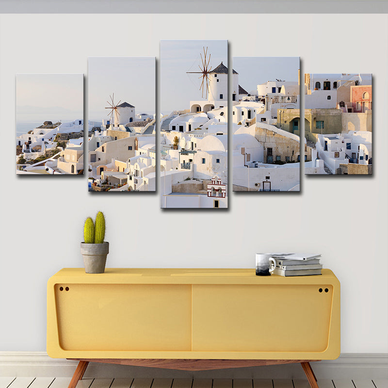 Beautiful Santorini Island Scenery Canvas Wall Art for Dining Room, White and Blue