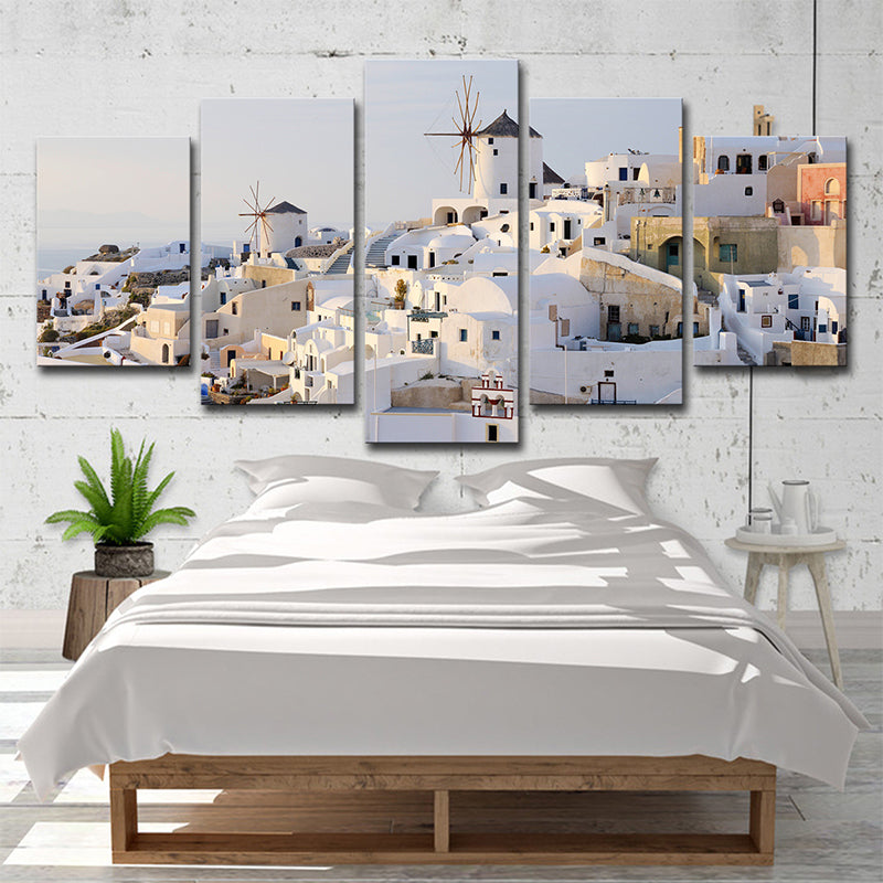 Beautiful Santorini Island Scenery Canvas Wall Art for Dining Room, White and Blue