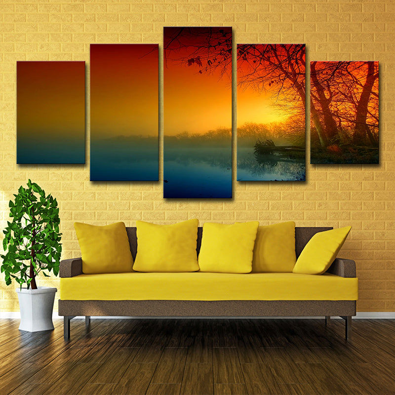 Orange Sunset River Canvas Art Nature Landscape Modern Multi-Piece Wall Decor for Home