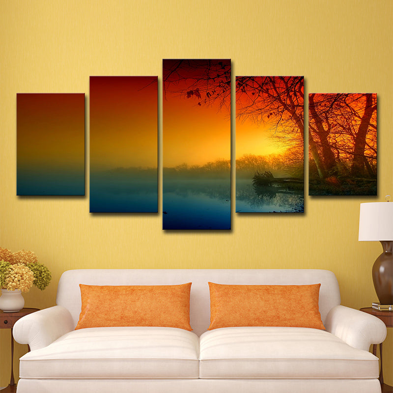 Orange Sunset River Canvas Art Nature Landscape Modern Multi-Piece Wall Decor for Home