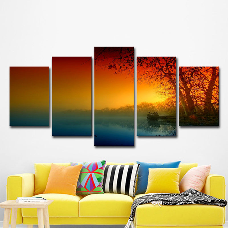 Orange Sunset River Canvas Art Nature Landscape Modern Multi-Piece Wall Decor for Home