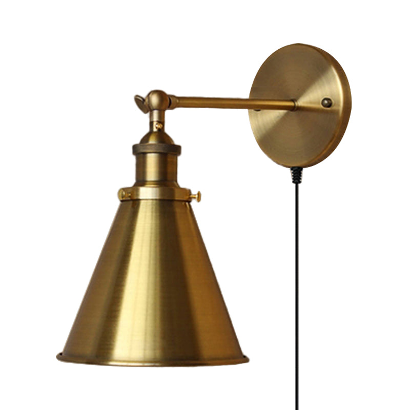 1 Bulb Tapered Wall Light Fixture Retro Style Brass Metal Wall Light with Plug-In Cord for Living Room