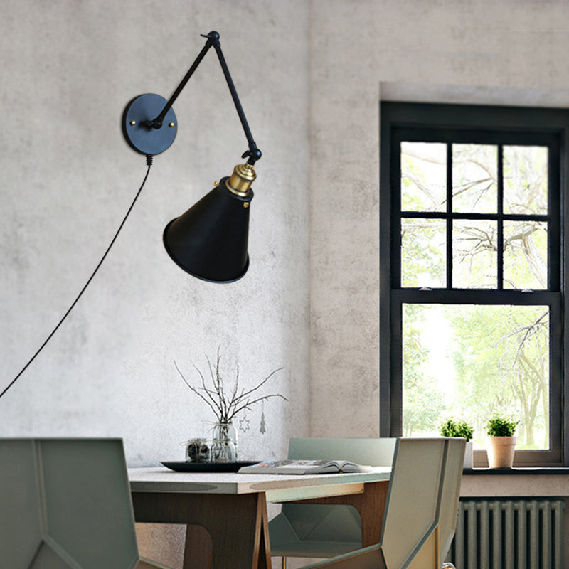 Vintage Tapered Wall Sconce 1 Bulb Metallic Sconce Light Fixture with Swing Arm in Black for Dining Room