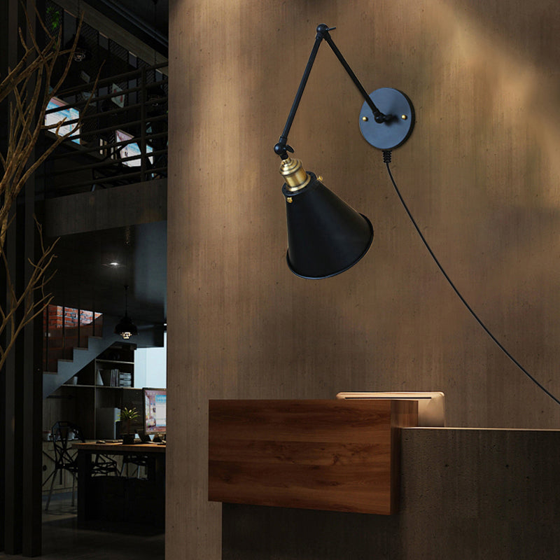 Splicle de pared cónico vintage 1 lámpara de luz metálica de bombilla con brazo oscilante en negro para el comedor