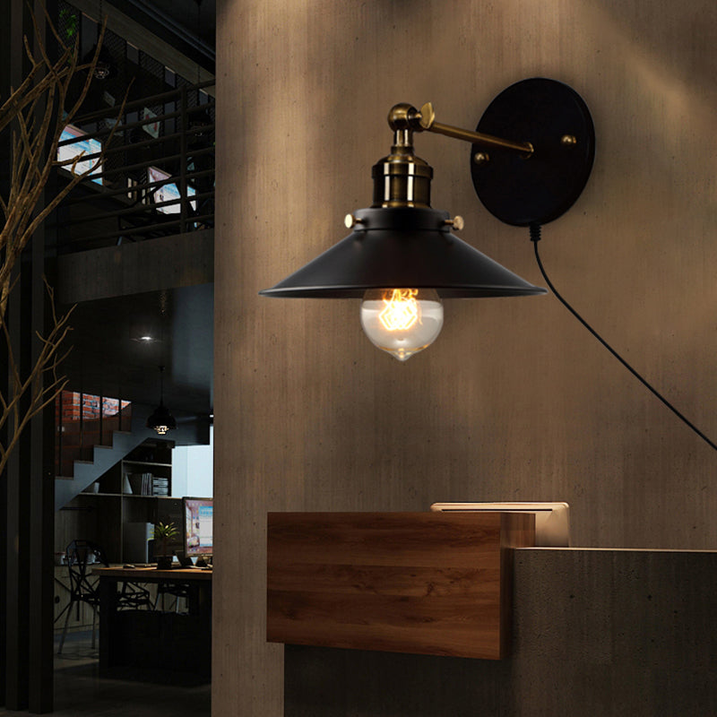 Black Cone Wall Lamp Retro Style Metal 1 Bulb Dining Room Angle Adjustable Wall Sconce with Plug-In Cord