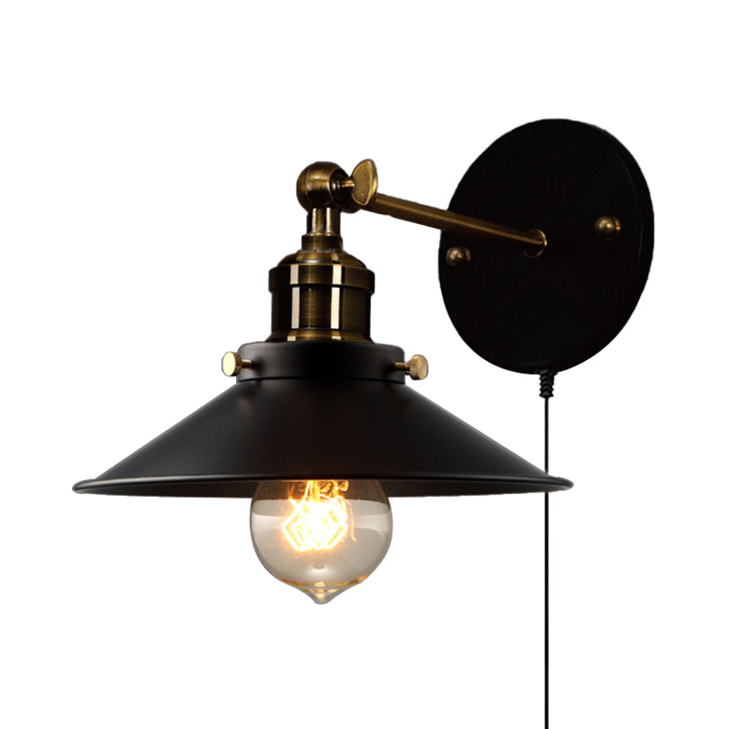 Black Cone Wall Lamp Retro Style Metal 1 Bulb Dining Room Angle Adjustable Wall Sconce with Plug-In Cord