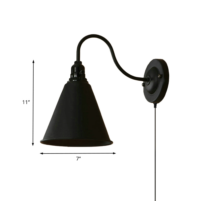 1 Light Tapered Wall Sconce with Plug-In Cord Industrial Black Metallic Sconce Light for Front Door