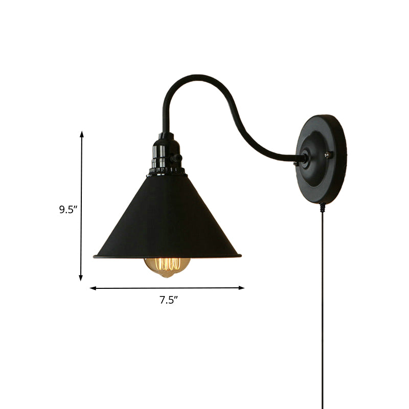 Retro stilvolle konische Wandbeleuchtung 1 Lampen-Metall-Plug-in-Schonlampe mit Schwanenhalsarm in mattem Schwarz für Veranda