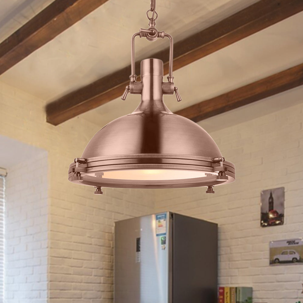 Antique Brass/Brass/Copper Finish 1 Light Pendant Lighting Industrial Metal Domed Ceiling Fixture with Frosted Diffuser