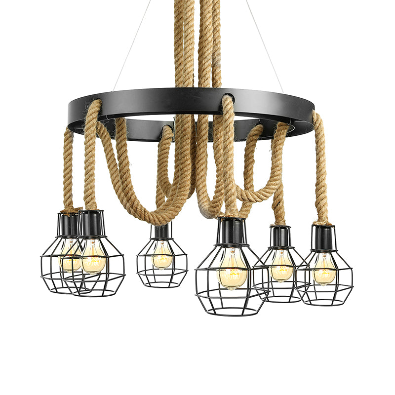 Lampada a ciondolo a sospensione a lampadina multipla nera Light Vintage Metal Global/Bell Cage Spender Lamp with Rope