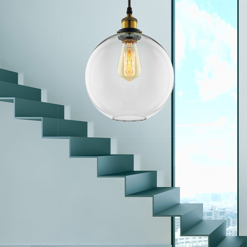1 Light Pendant Lighting Industrial Globe Clear Glass Hanging Light Kit in Antique Brass with Plug