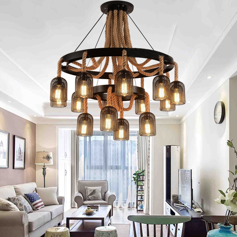 4 luces Luz colgante con tono de malla y lámpara de lámpara metálica negra industrial de cuerda para Foyer