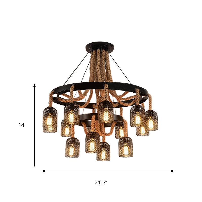 4 luces Luz colgante con tono de malla y lámpara de lámpara metálica negra industrial de cuerda para Foyer