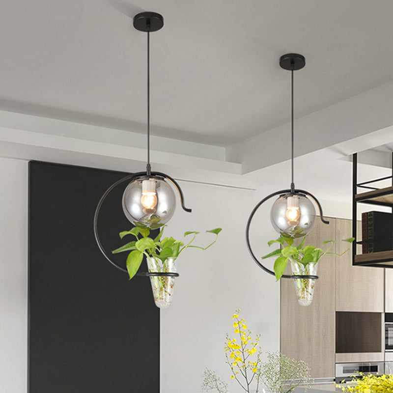 Industrial Globe Metal Hanging Pendant 1 Bulb Milk White/Smoke Grey Glass LED Suspension Light in Black/Gold