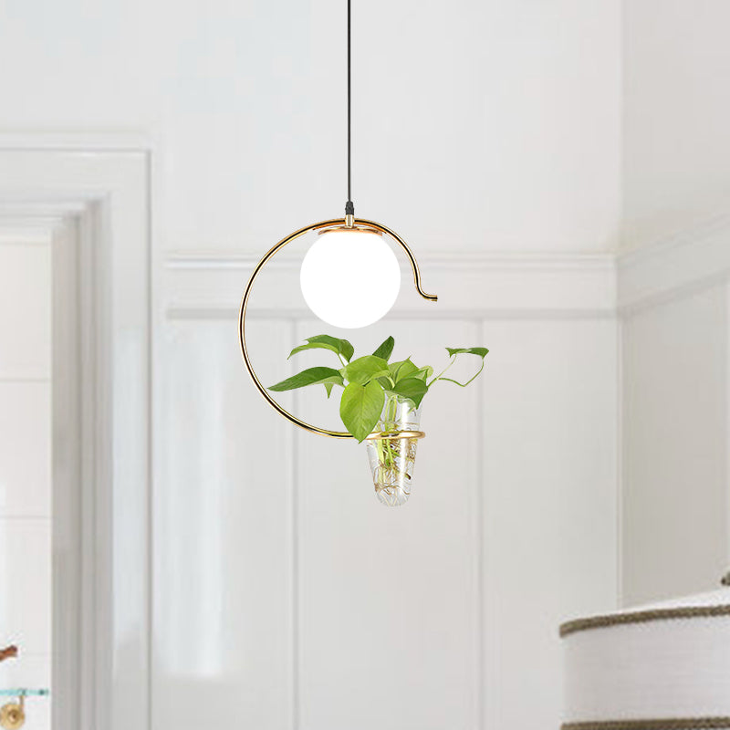 Industrial Globe Metal Hanging Pendant 1 Bulb Milk White/Smoke Grey Glass LED Suspension Light in Black/Gold