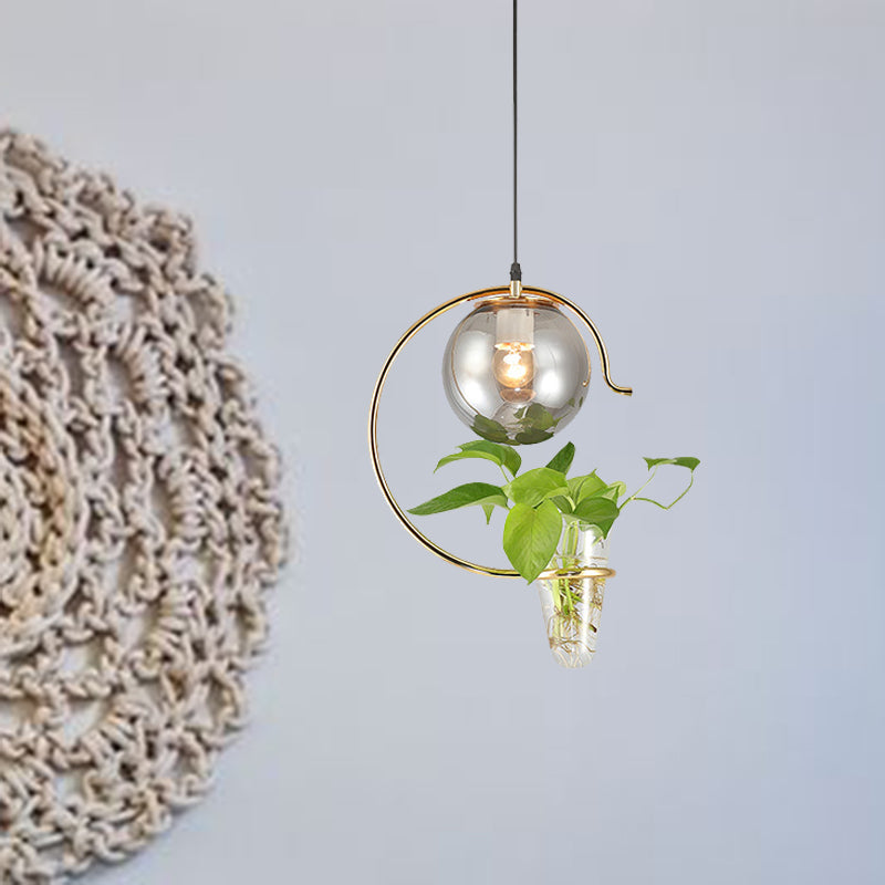 Industrial Globe Metal Hanging Pendant 1 Bulb Milk White/Smoke Grey Glass LED Suspension Light in Black/Gold