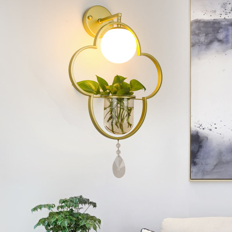Vintage Clover Suspension Lamp 1 Head Metal LED Pendant Light in Gold with Crystal Accent
