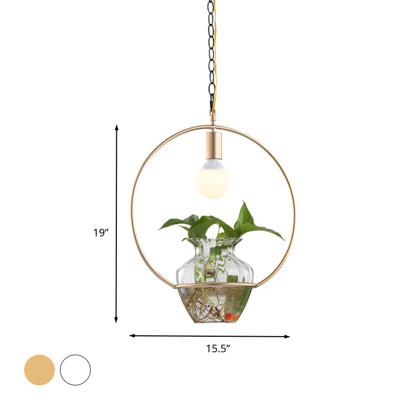 1 Head Metal Ceiling Light Antique White/Gold Round Restaurant LED Down Lighting Pendant with Plant Can Decoration