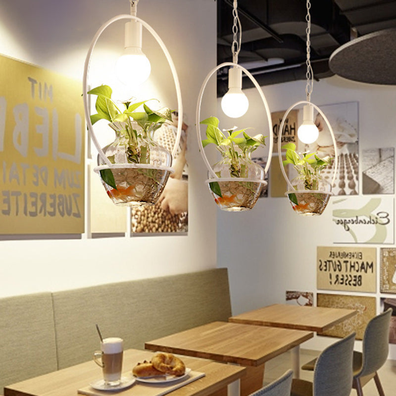 1 Head Metal Ceiling Light Antique White/Gold Round Restaurant LED Down Lighting Pendant with Plant Can Decoration