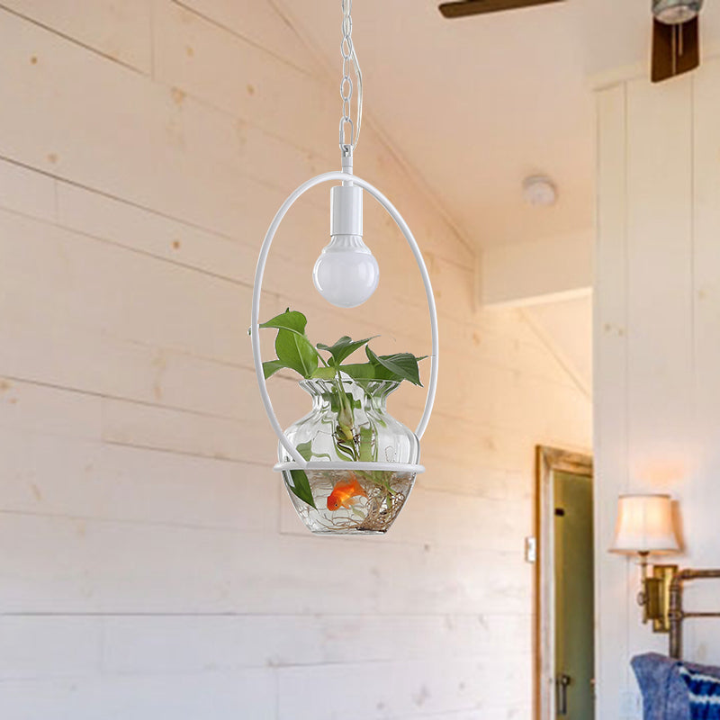 1 Head Metal Ceiling Light Antique White/Gold Round Restaurant LED Down Lighting Pendant with Plant Can Decoration