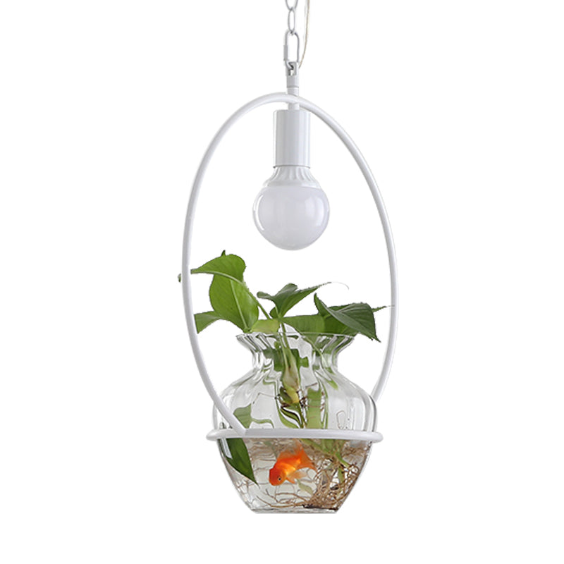1 Head Metal Ceiling Light Antique White/Gold Round Restaurant LED Down Lighting Pendant with Plant Can Decoration