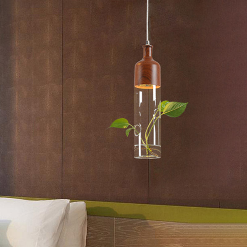 1 Light Clear Glass Pendant Light Industrial Brown Wine Bottle Restaurant LED Suspension Lighting
