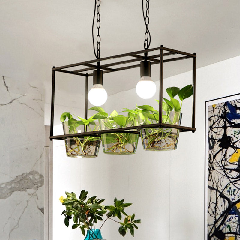 Metal Rectangle Island Ceiling Light Retro 2 Bulbs Dining Room LED Suspension Lamp in Black/Gold