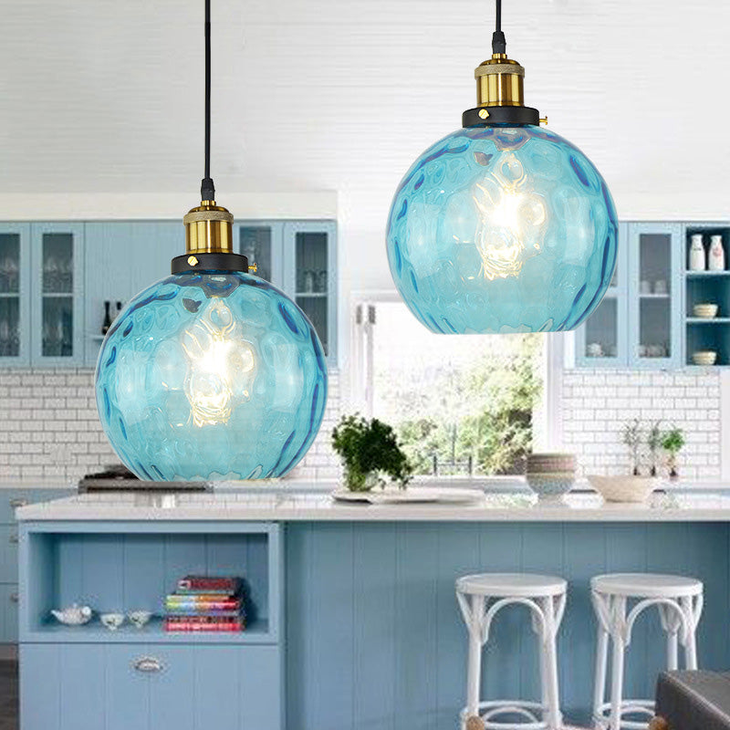 Blue Globe Pendant Lighting Fixture Industrial Dimpled Glass 1 Light Living Room Hanging Ceiling Light