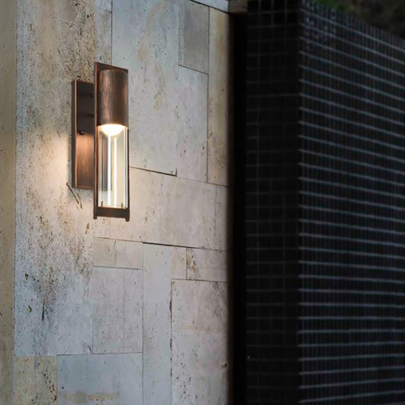 1 Light Metal Wall Sconce Lamp Modern Black/Rust Tube Outdoor Wall Mounted Light with Clear Glass Shade