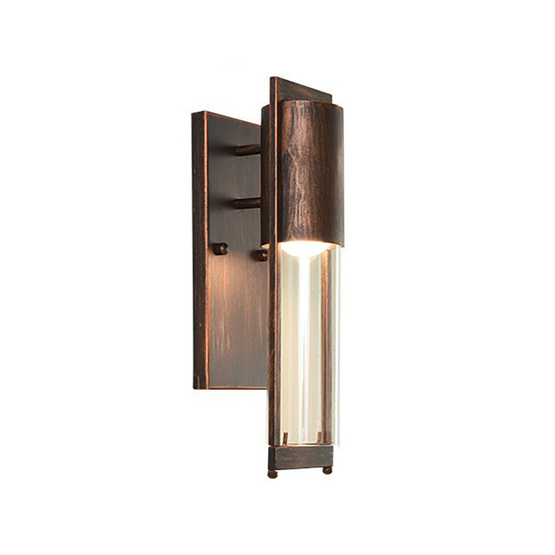 1 Light Metal Wall Sconce Lamp Modern Black/Rust Tube Outdoor Wall Mounted Light with Clear Glass Shade