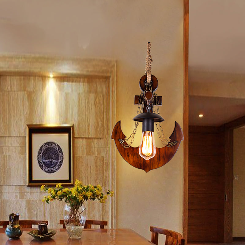 Bare Bulb Metal Wall Lighting Vintage 1 Head Dining Room Wall Sconce Lamp in Black with Wooden Anchor Decoration