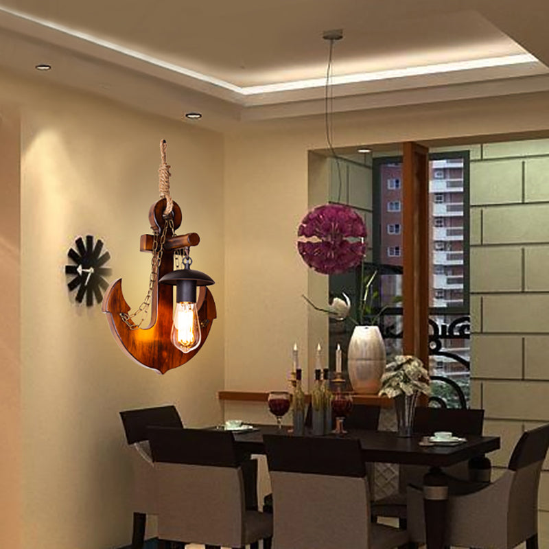 Bare Bulb Metal Wall Lighting Vintage 1 Head Dining Room Wall Sconce Lamp in Black with Wooden Anchor Decoration