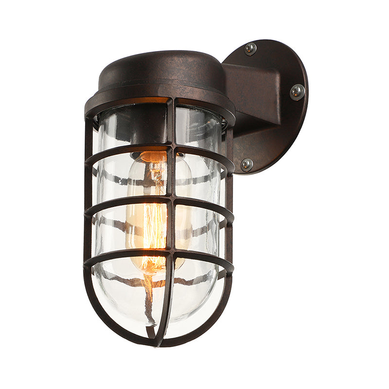 Clear Glass Black/White/Rust Sconce Light Cylinder 1-Light Traditional Wall Lamp Fixture for Porch with Caged