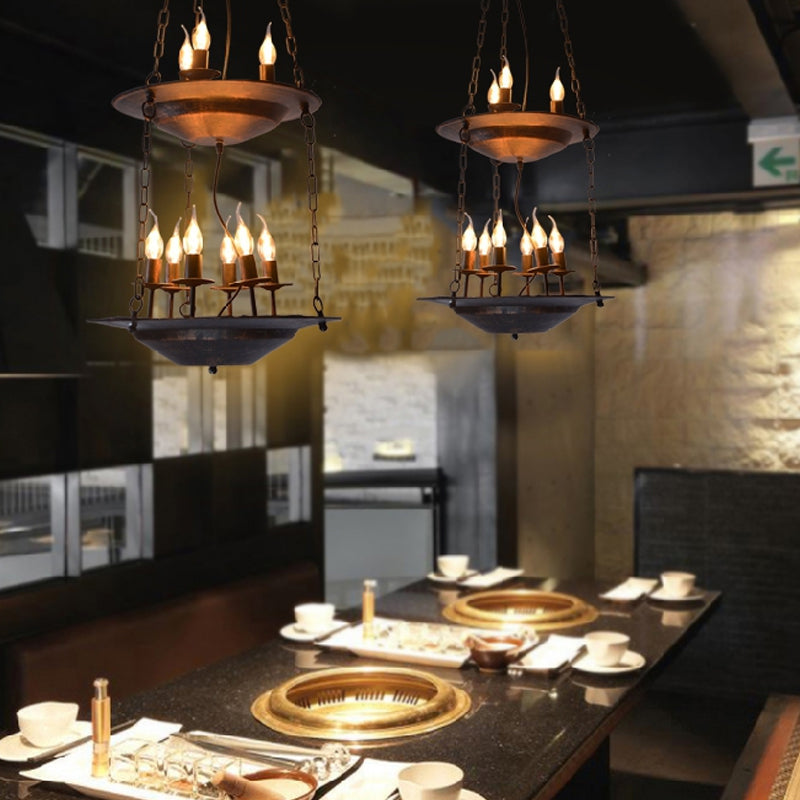 Metallic Candle&Saucer Chandelier Bookstore Cafe Industrial Style Pendant Lamp in Rust