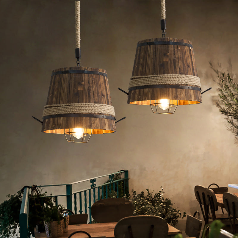Wooden Bucket Shade Pendant Lighting One Light Rustic Stylish Hanging Lamp in Brown for Bar