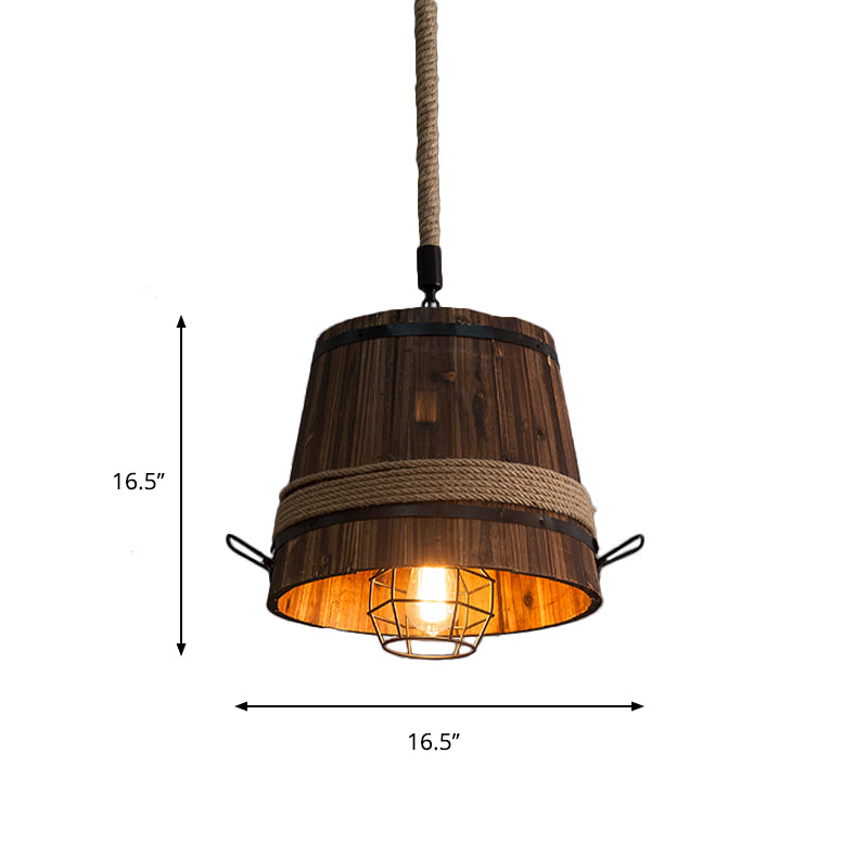 Wooden Bucket Shade Pendant Lighting One Light Rustic Stylish Hanging Lamp in Brown for Bar