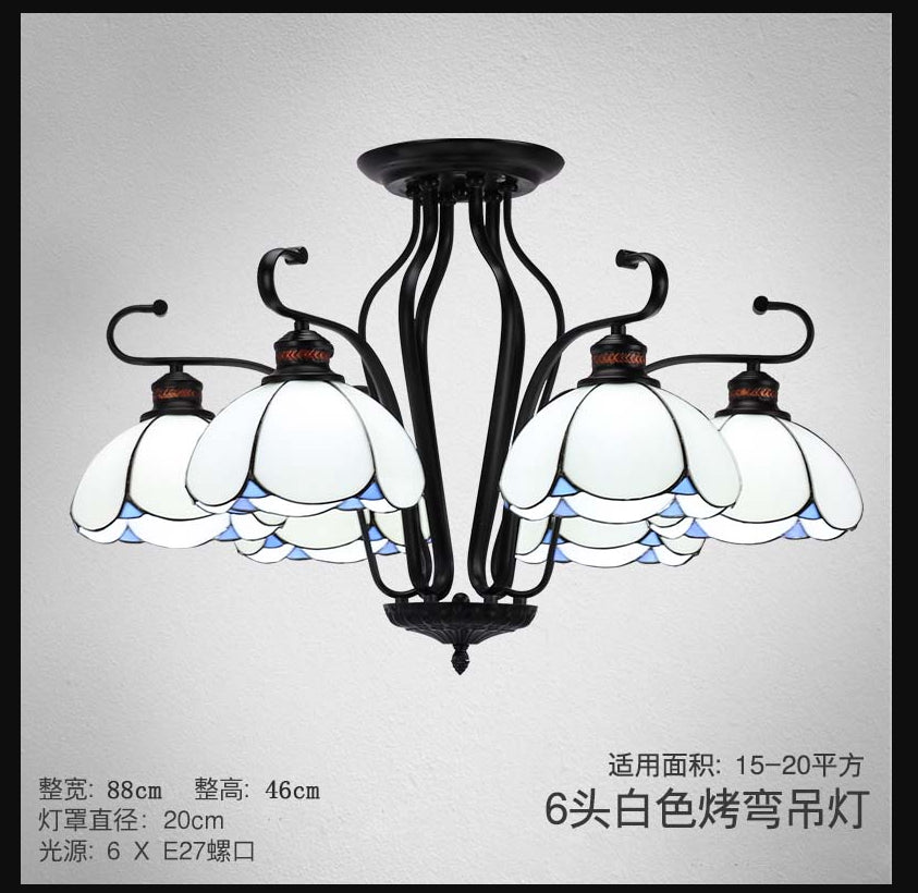 Black Scalloped Hanging Chandelier Baroque 6/8 Lumières Blanc / Jaune / Blue Glass Pendante Light Kit pour le salon