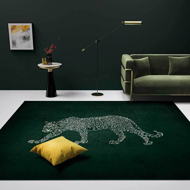 Dark Green Casual Rug Polyester Cheetah Pattern Rug Washable Non-Slip Backing Carpet for Living Room