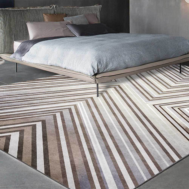 Grey Contemporary Rug Polyester Striped Pattern Rug Washable Non-Slip Backing Carpet for Living Room