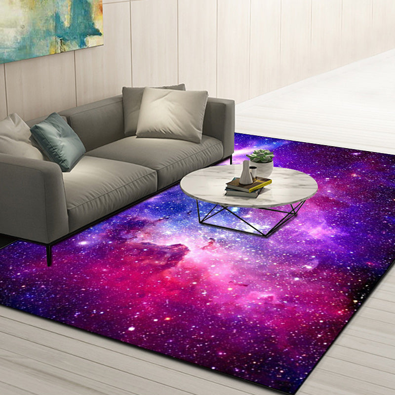 Modern Living Room Rug in Purple Outer Space Galaxy Print Rug Polyester Washable Anti-Slip Backing Area Rug