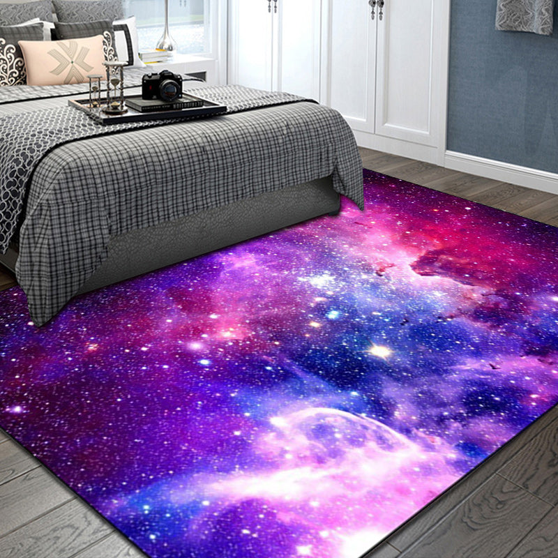 Modern Living Room Rug in Purple Outer Space Galaxy Print Rug Polyester Washable Anti-Slip Backing Area Rug