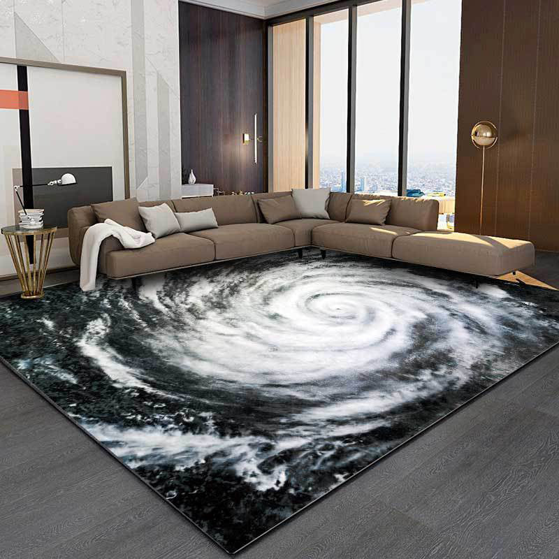 Modern Living Room Rug in Black and White Outer Space Typhoon Eye Print Rug Polyester Non-Slip Area Rug